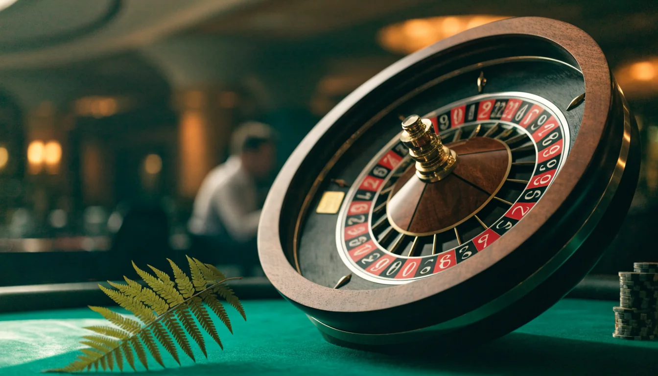 European roulette wheel with single zero on a casino table, New Zealand fern accent