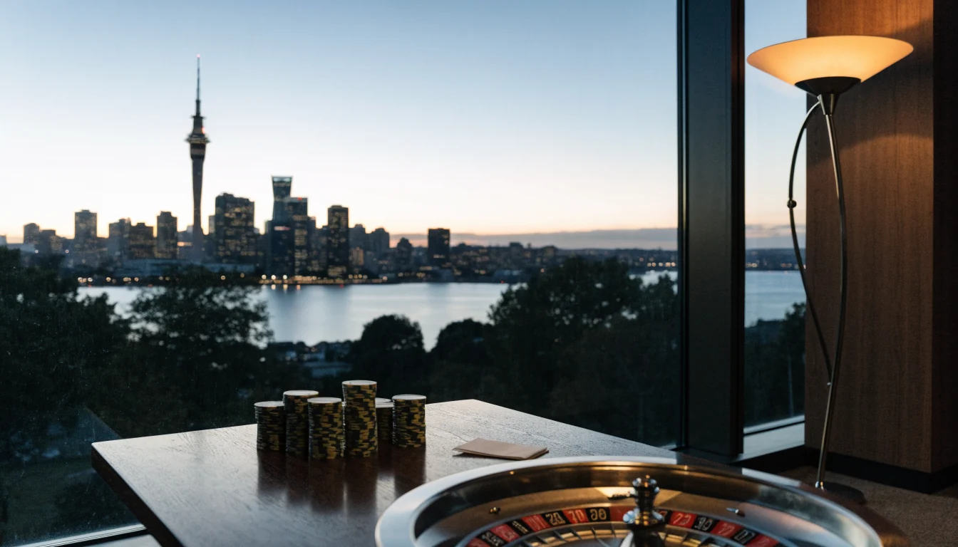 Stylish New Zealand lounge with casino chips and roulette wheel at dusk