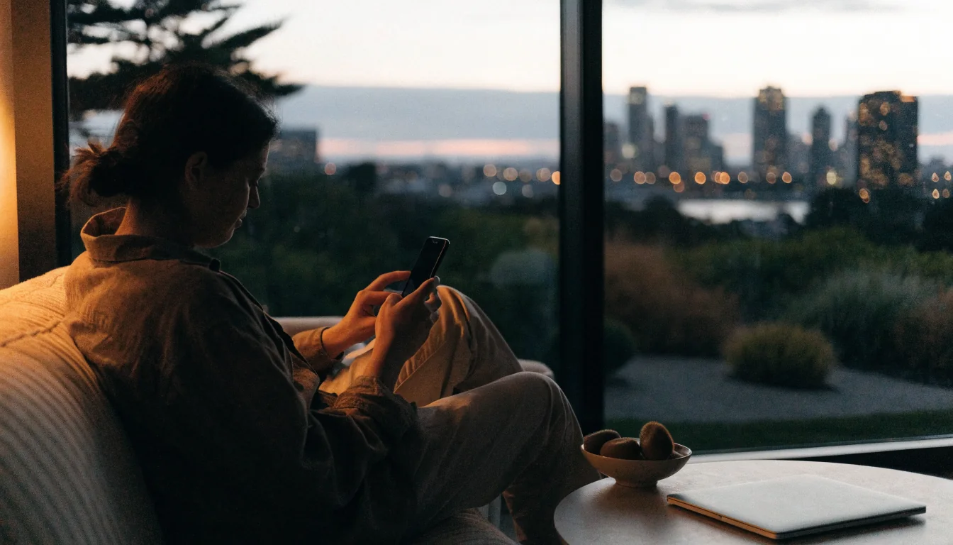 Person relaxing in a modern Auckland apartment with a smartphone, evening atmosphere