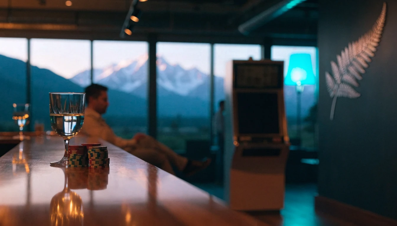 Stylized New Zealand casino lounge with mountain view and poker chips on bar