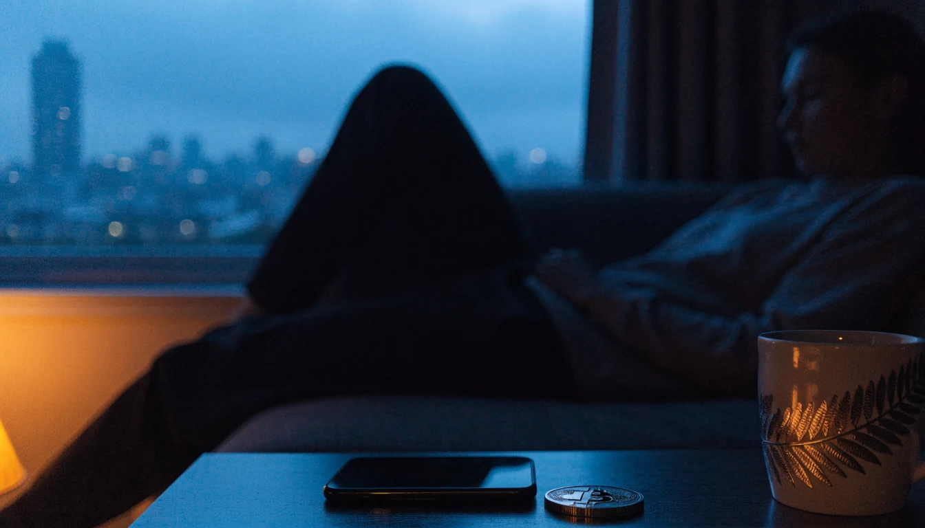 Person at home in Auckland with Bitcoin token and smartphone, New Zealand 2026