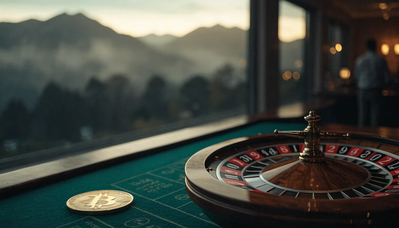 Roulette wheel with a Bitcoin coin on a casino table, New Zealand mountains in background