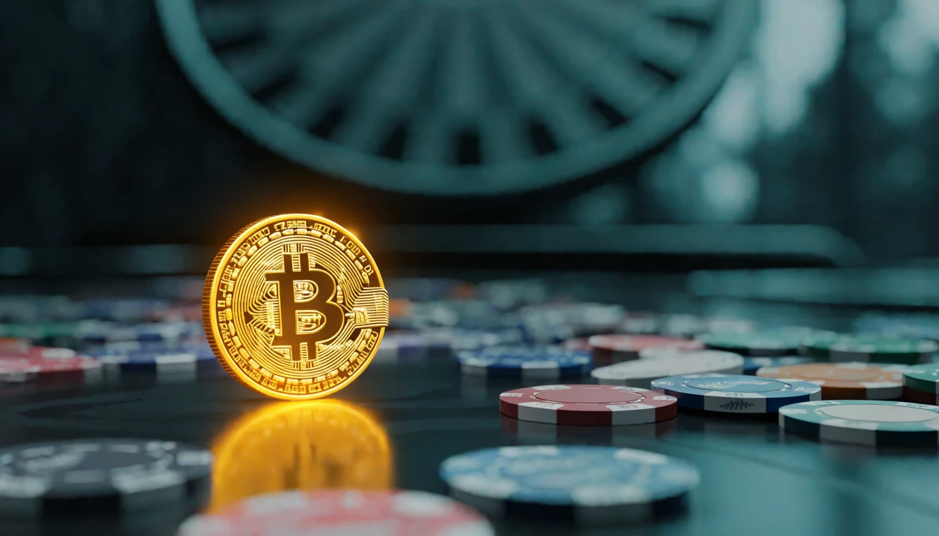 Golden Bitcoin coin on a casino table with chips and roulette, New Zealand theme.