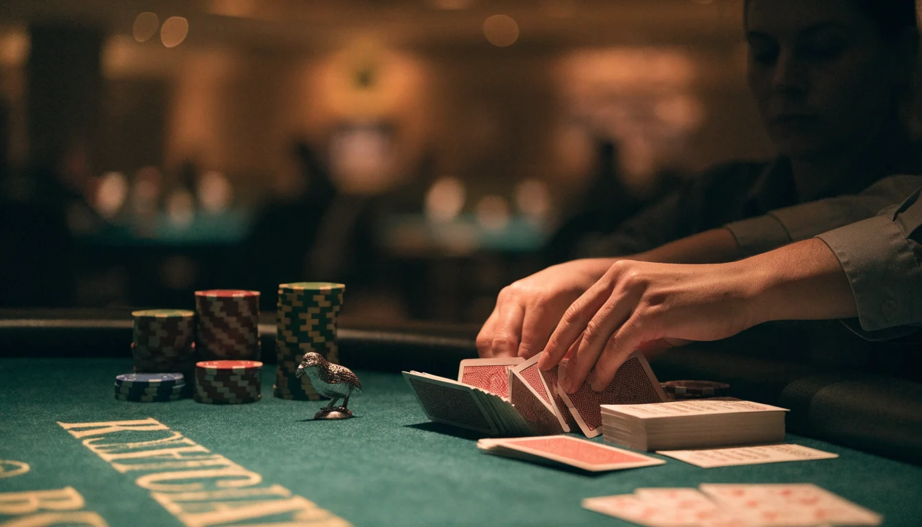 Blackjack table setup in a New Zealand casino with chips and cards