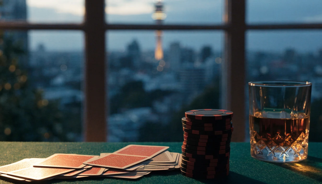 Blackjack chips, playing cards and whisky on a casino table with Auckland skyline at twilight.