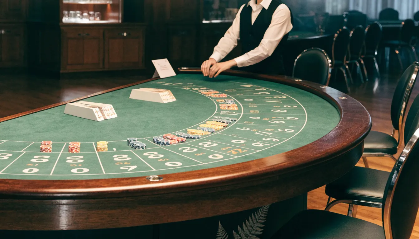 Blackjack table inside a New Zealand casino with chips and dealer