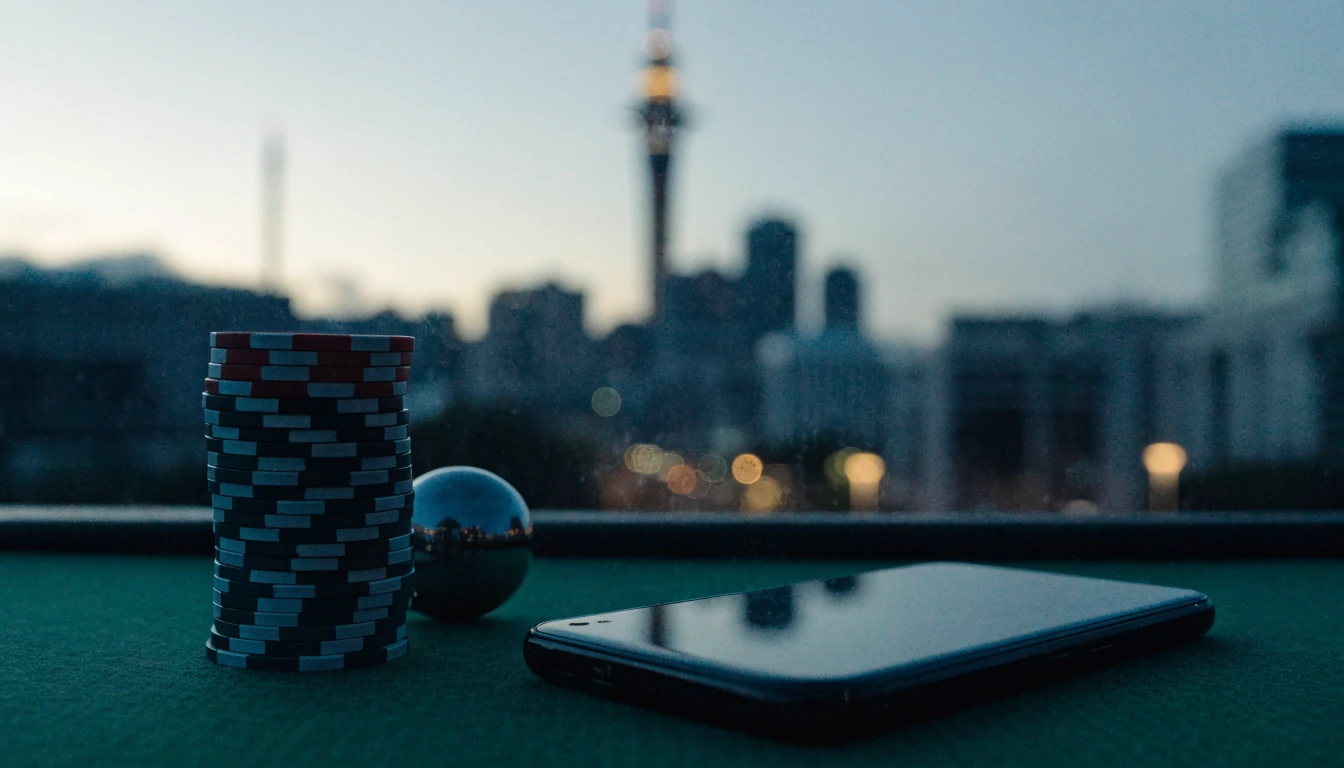 Auckland skyline at dusk with a smartphone and casino chips on a roulette table