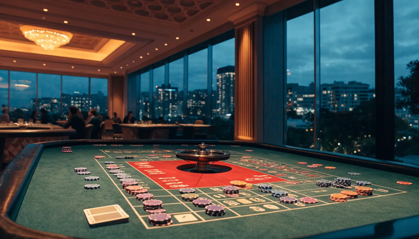 Elegant New Zealand casino interior with roulette table and chips at night