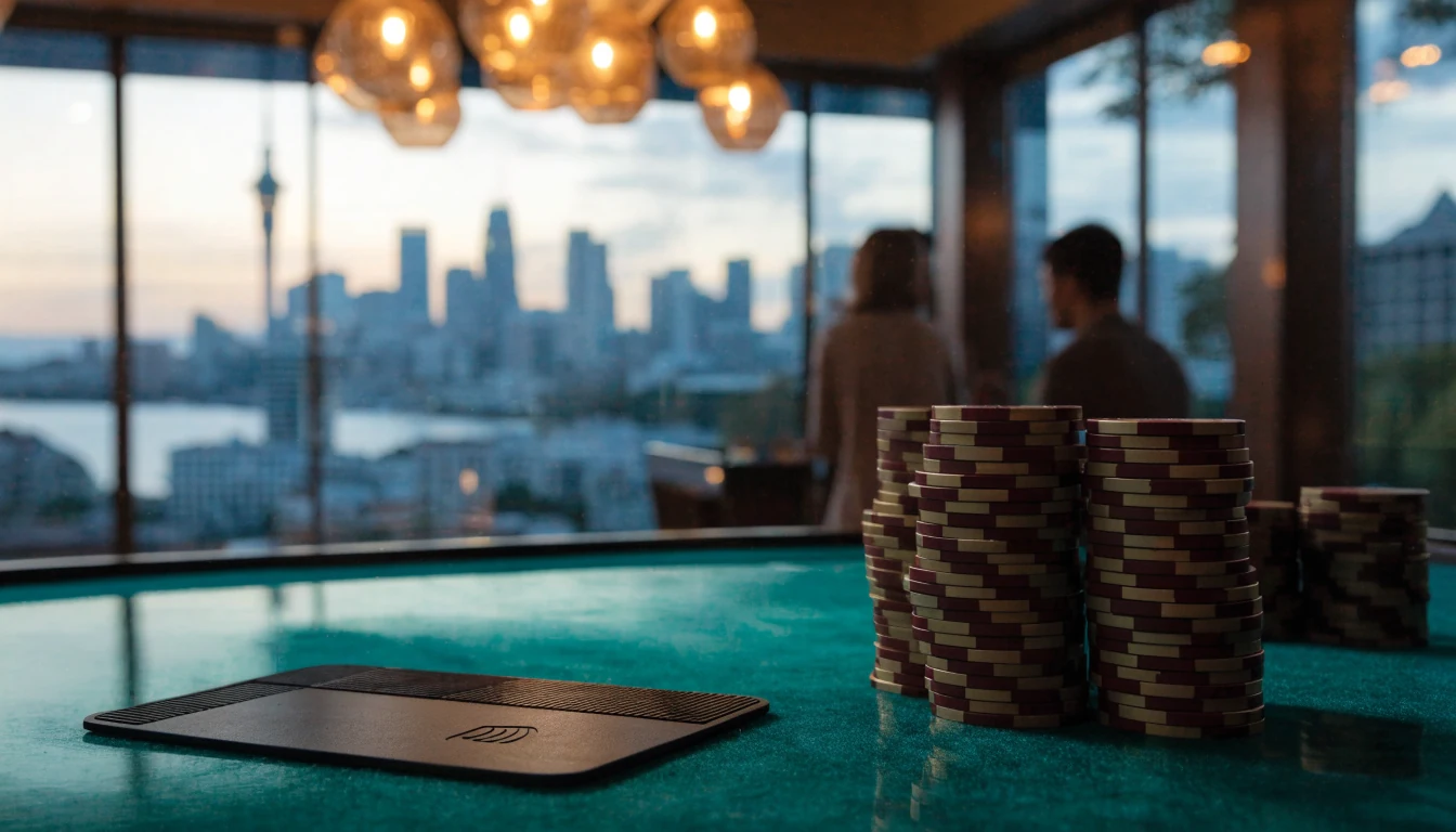 Casino chips, membership card, and warm lighting in a New Zealand rewards lounge