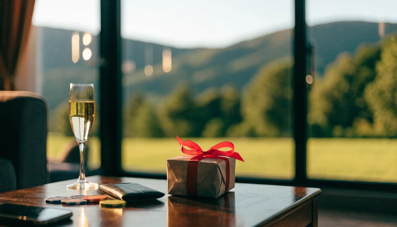 Birthday gift, champagne, and casino chips on a table in a New Zealand home