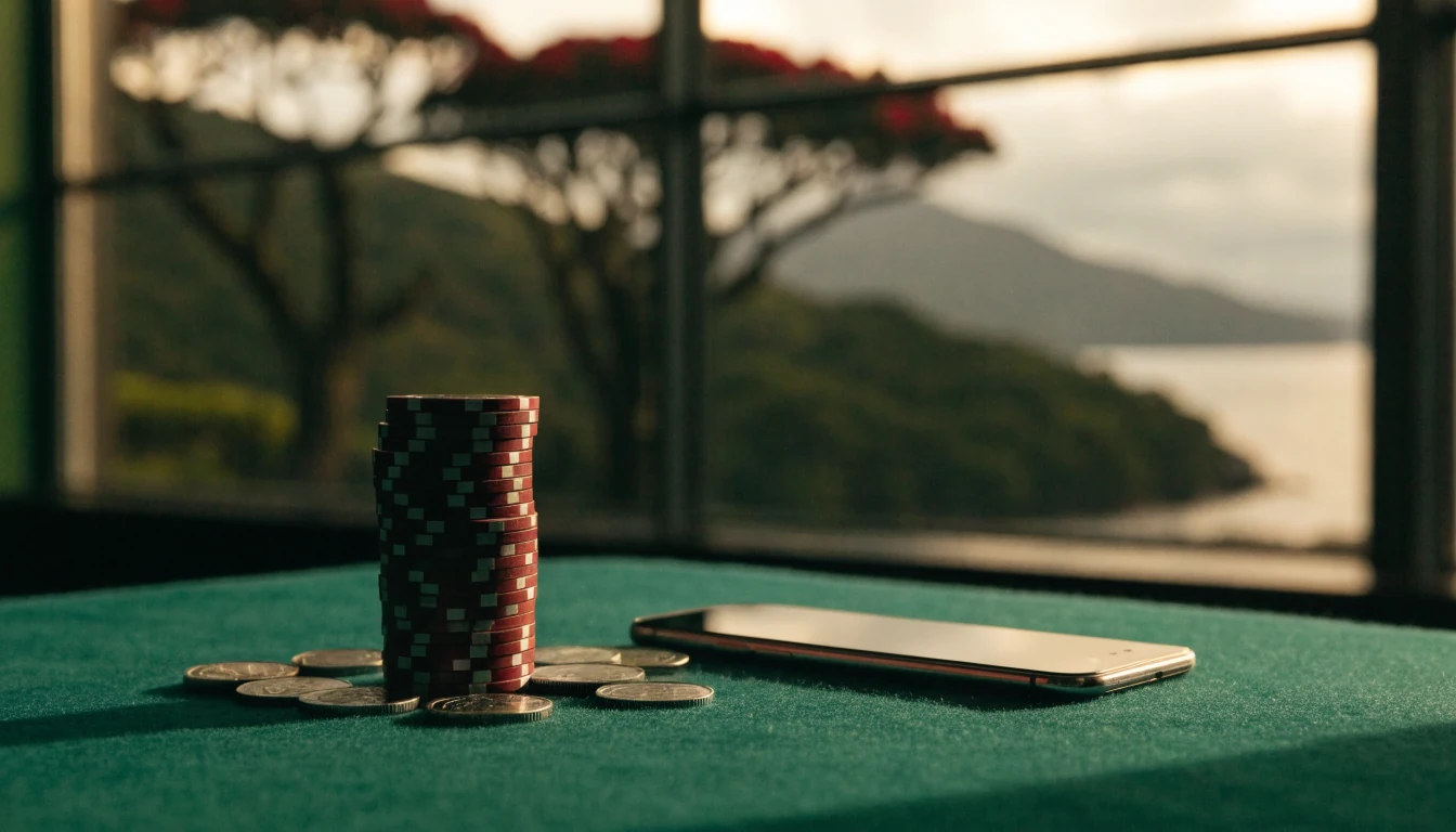 Casino chips and New Zealand dollar coins on green felt beside a face-down smartphone.