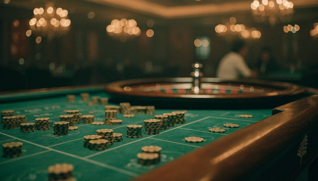 Elegant casino roulette table with chips, warm amber lighting, New Zealand fern detail