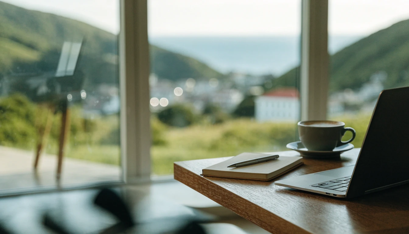 Editorial desk by a window with a view of New Zealand coastal hills