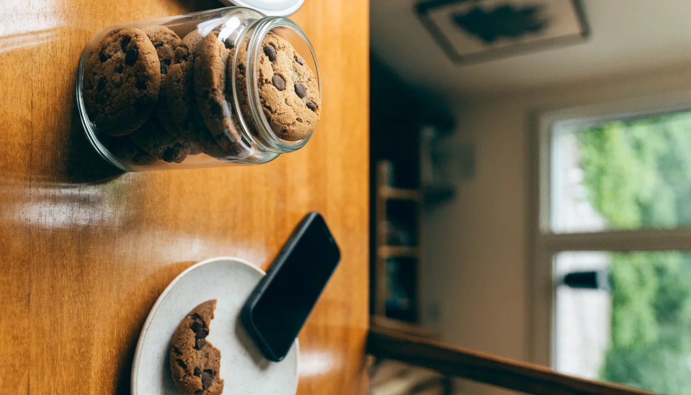 Glass jar of cookies and a face-down smartphone on a wooden table in a sunlit New Zealand kitchen