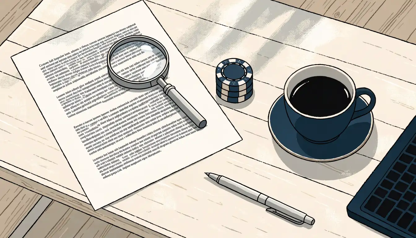 Illustrated flat-lay of a document under a magnifying glass with poker chips on a wooden desk.