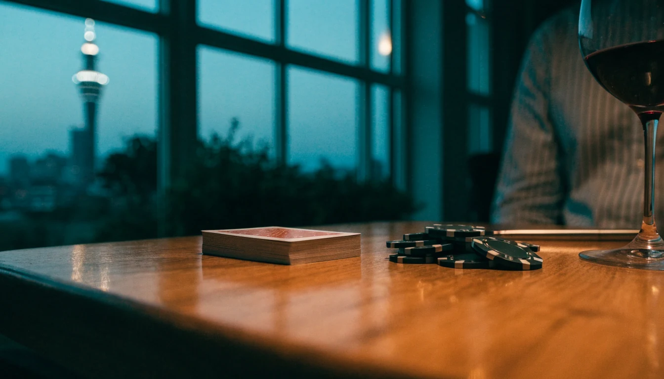 Playing cards and casino chips on a wooden table with Auckland skyline in background