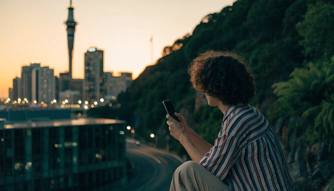Person holding smartphone overlooking Auckland skyline at sunset