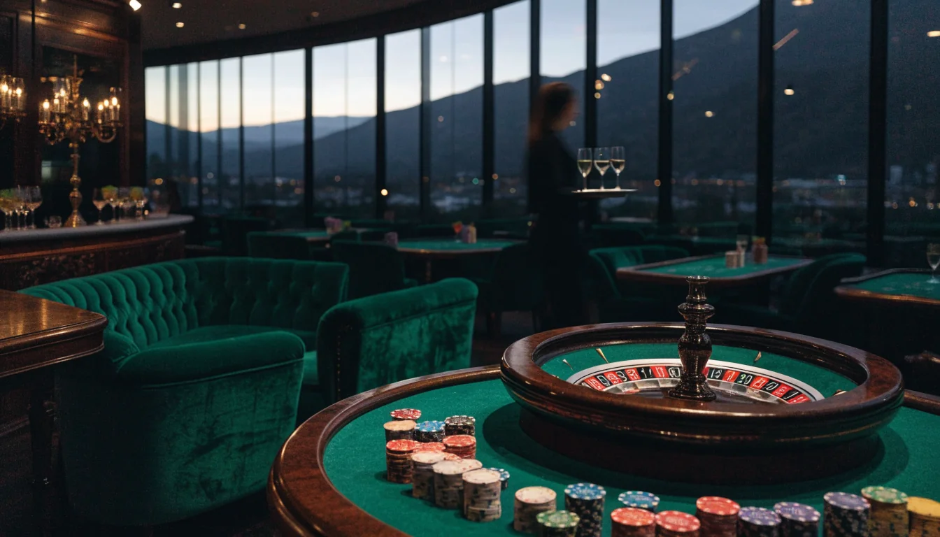 Luxurious New Zealand casino interior with roulette wheel and chips