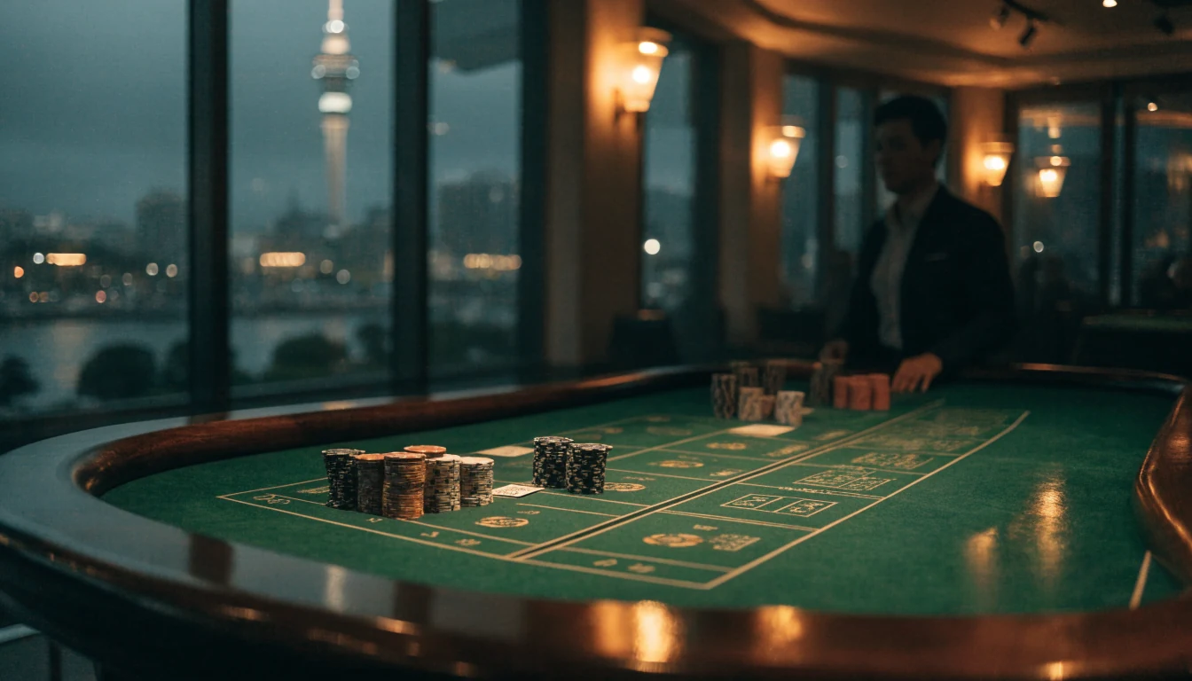 Blackjack table in a New Zealand casino with chips and cards