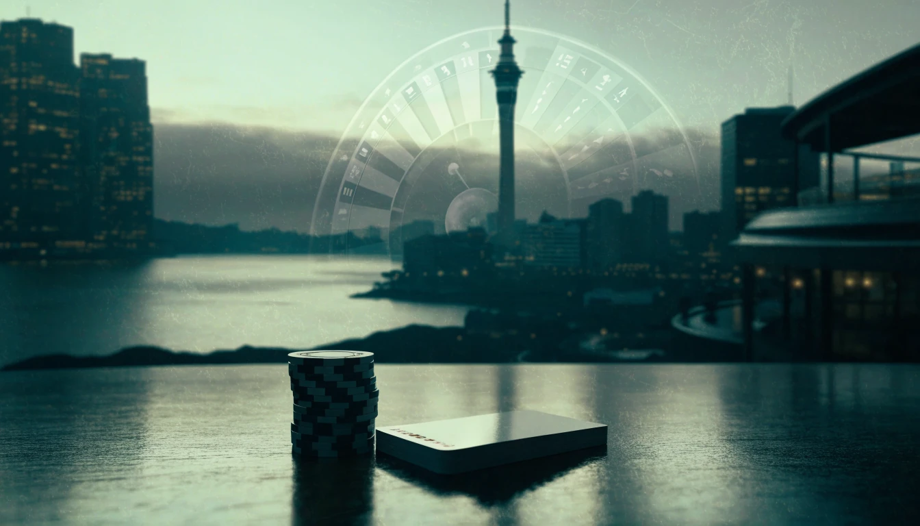Stylized Auckland skyline at dusk with translucent roulette wheel and casino chips in foreground.