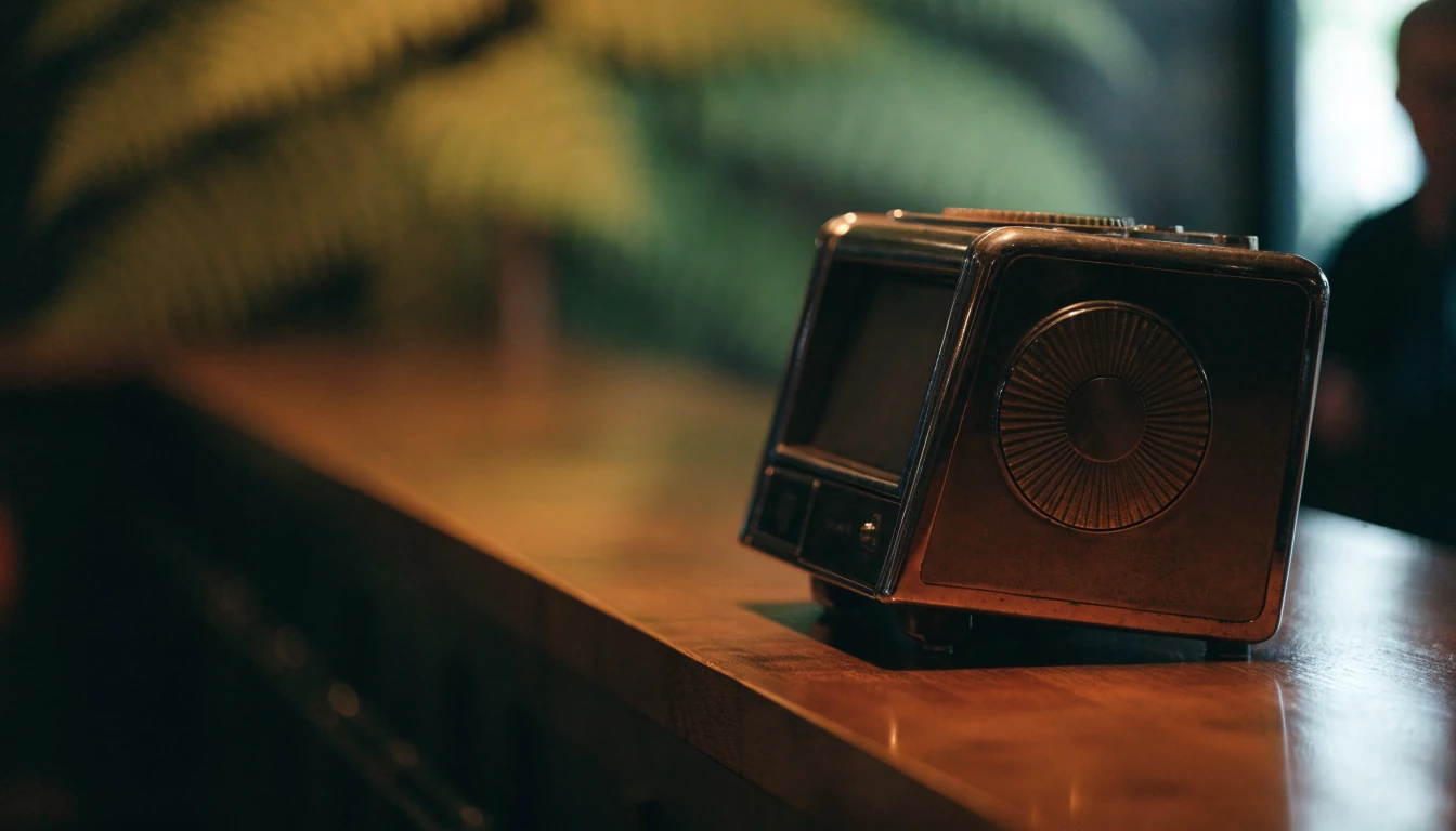 Side view of a vintage slot machine on a wooden pub counter in New Zealand.