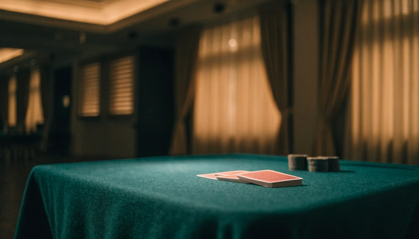 Empty green felt card table with chips and deck under studio lamp.