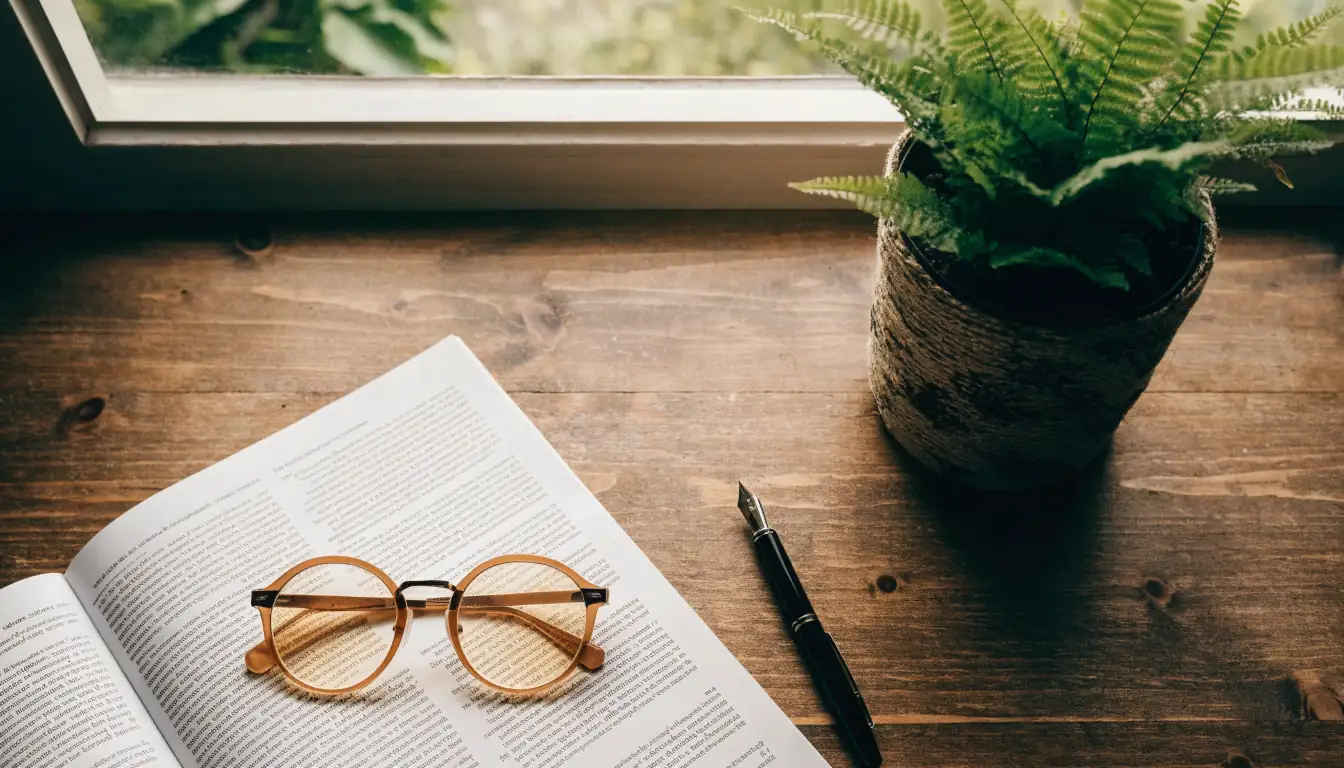 Printed rulebook with reading glasses and pen on a wooden desk.