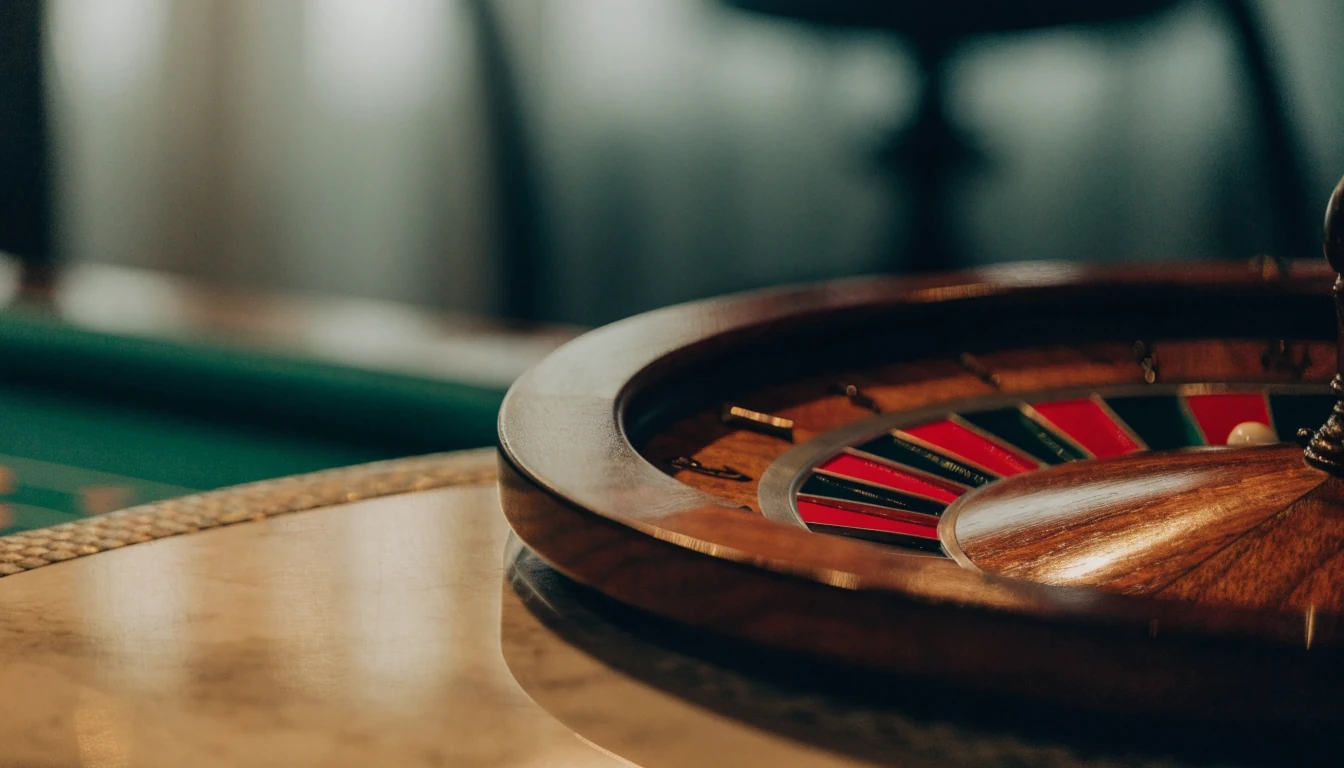 Close-up of a wooden roulette wheel on a polished casino table.