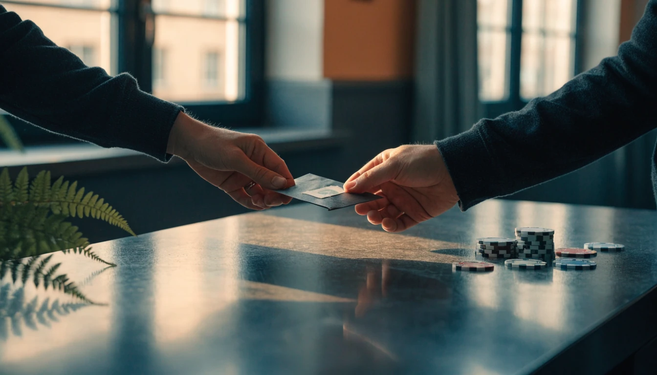 Envelope exchange across a counter beside casino chips in soft light.