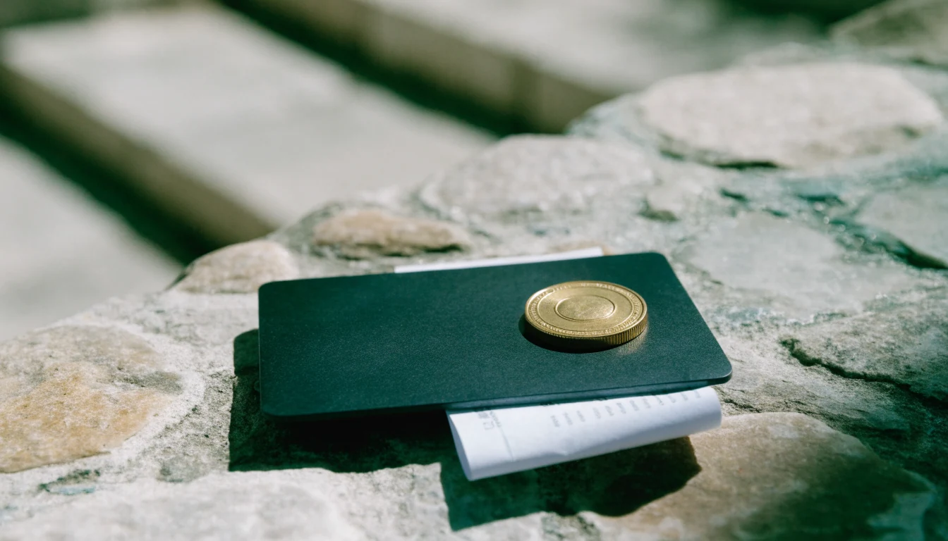 Black credit card and small gold token on a stone surface.