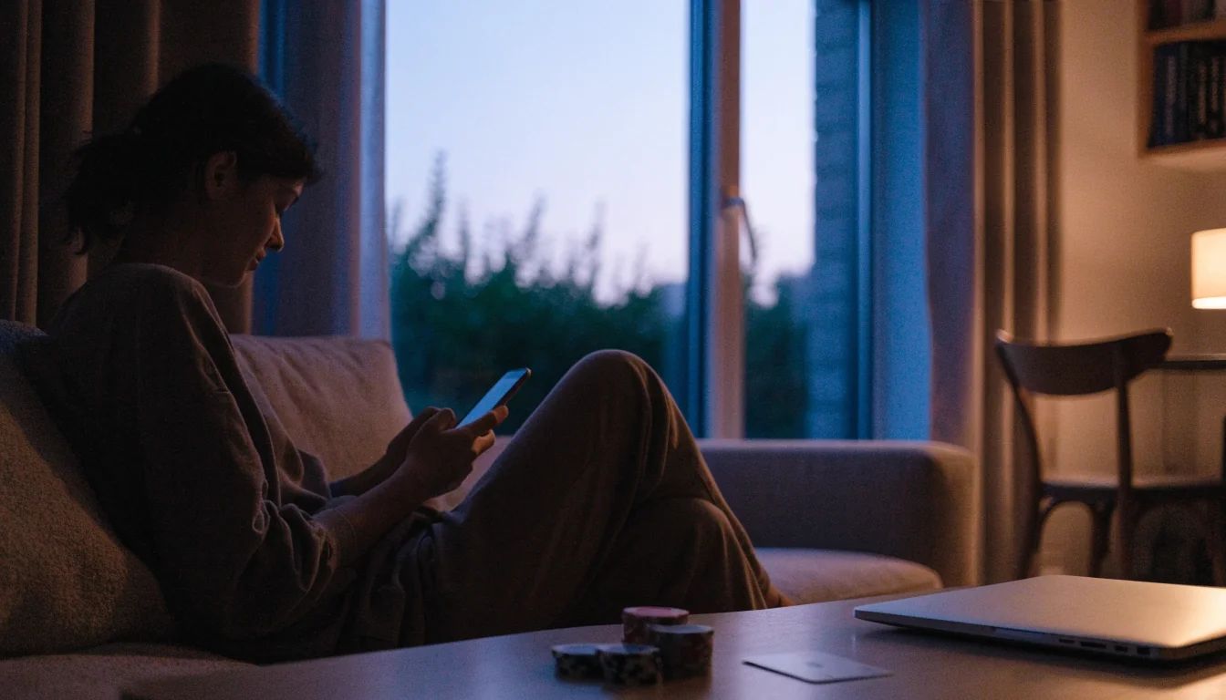 Person relaxing at home with a smartphone and closed laptop, casino chips on the table