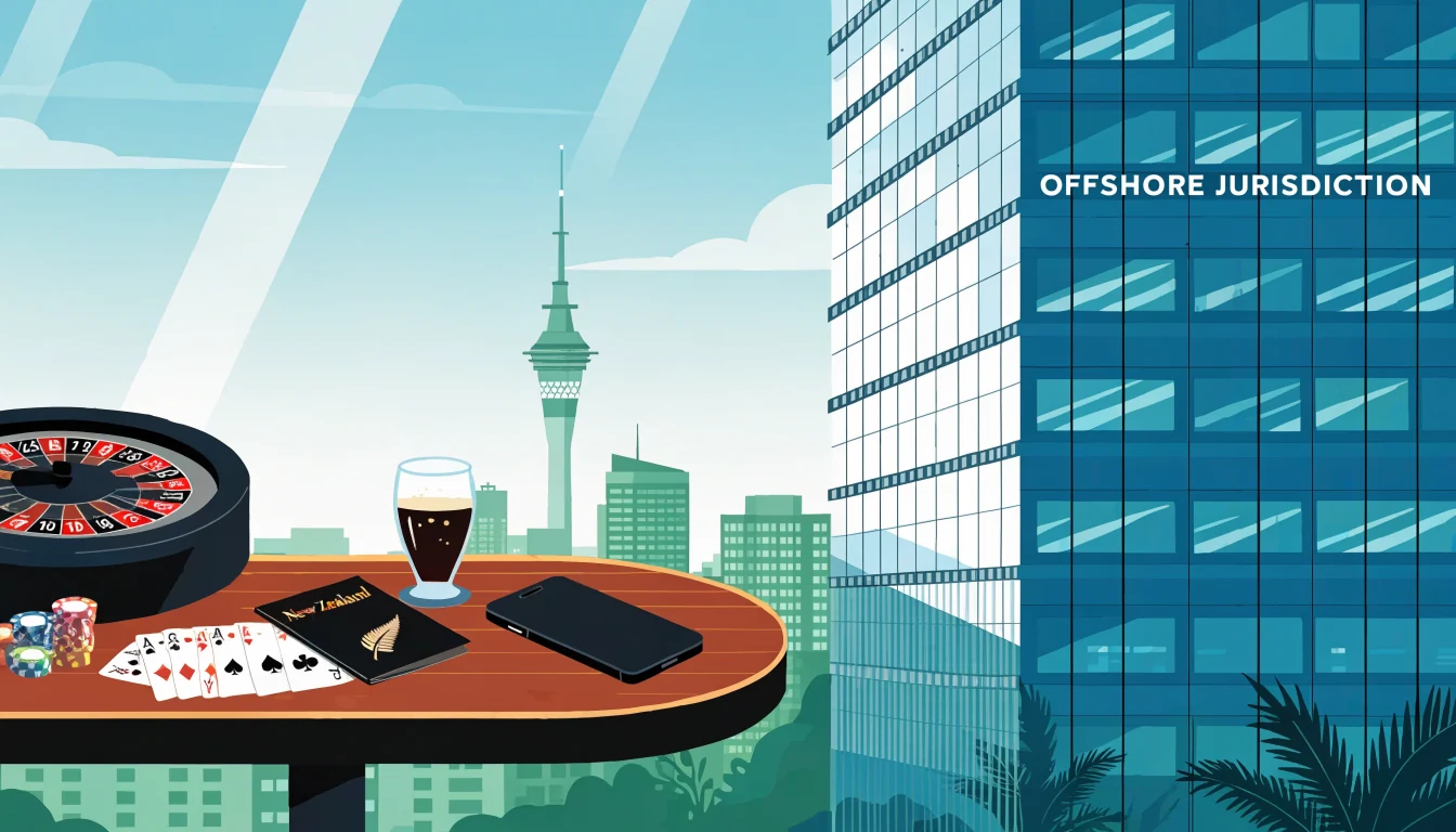 Offshore casino office overlooking Auckland with roulette wheel and chips