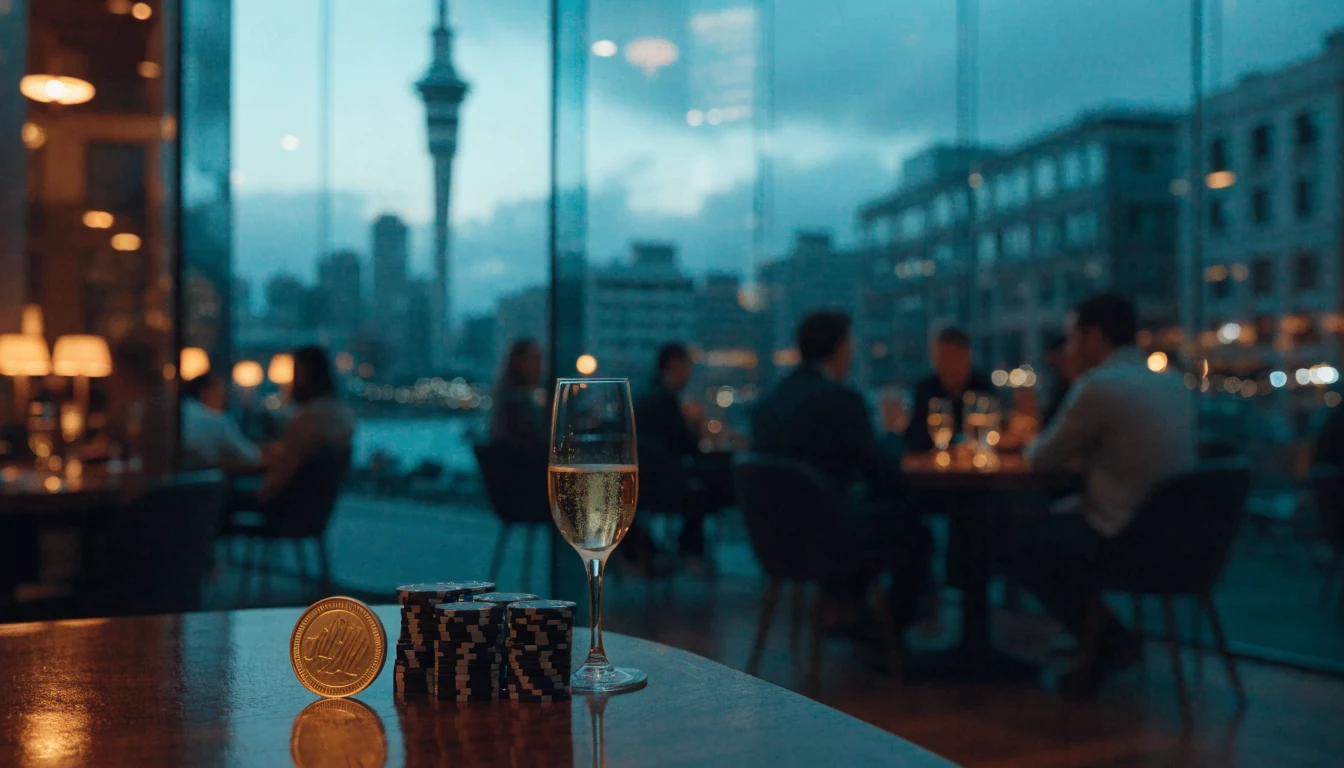 Casino chips and golden jackpot coin on a table in a New Zealand casino lounge.