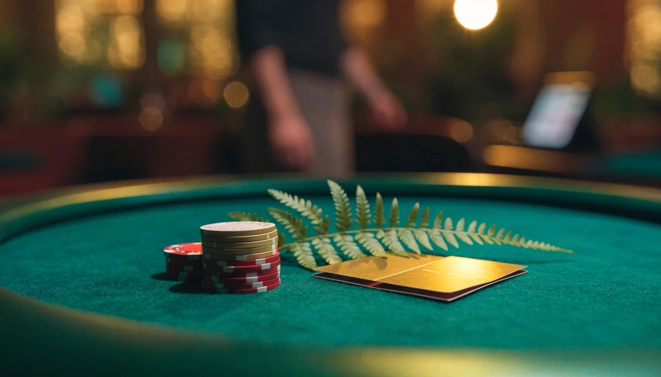 Casino chips, a golden bonus voucher, and a silver fern on a green casino table.