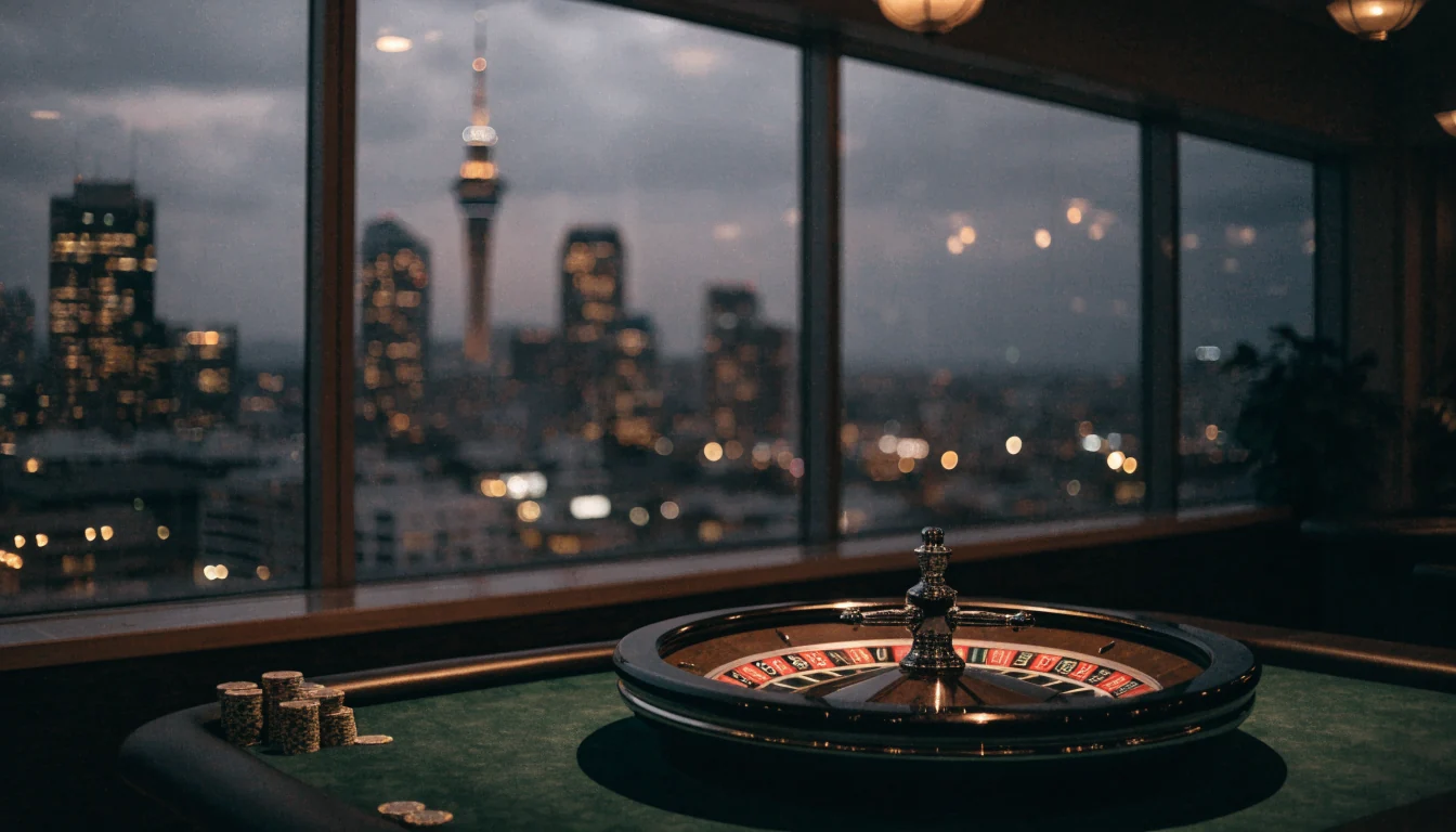 Roulette wheel on casino table with Auckland skyline at dusk