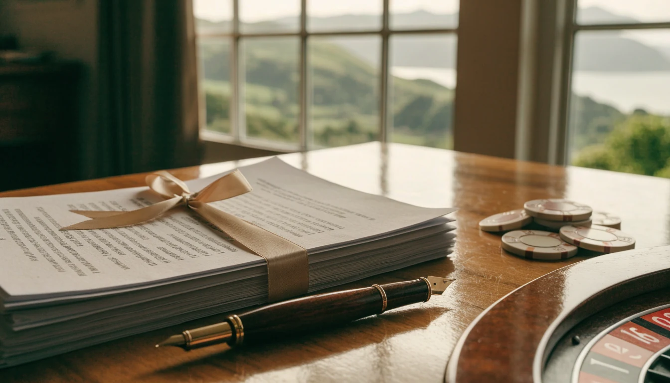 Legal documents, fountain pen, casino chips, and roulette on a desk with New Zealand landscape through a window