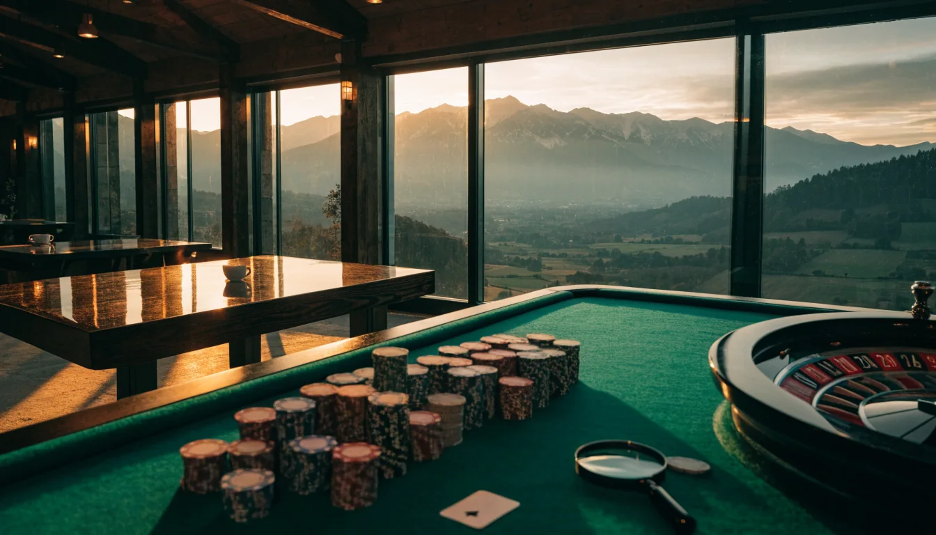 Casino table with chips and roulette wheel overlooking New Zealand mountains at sunset