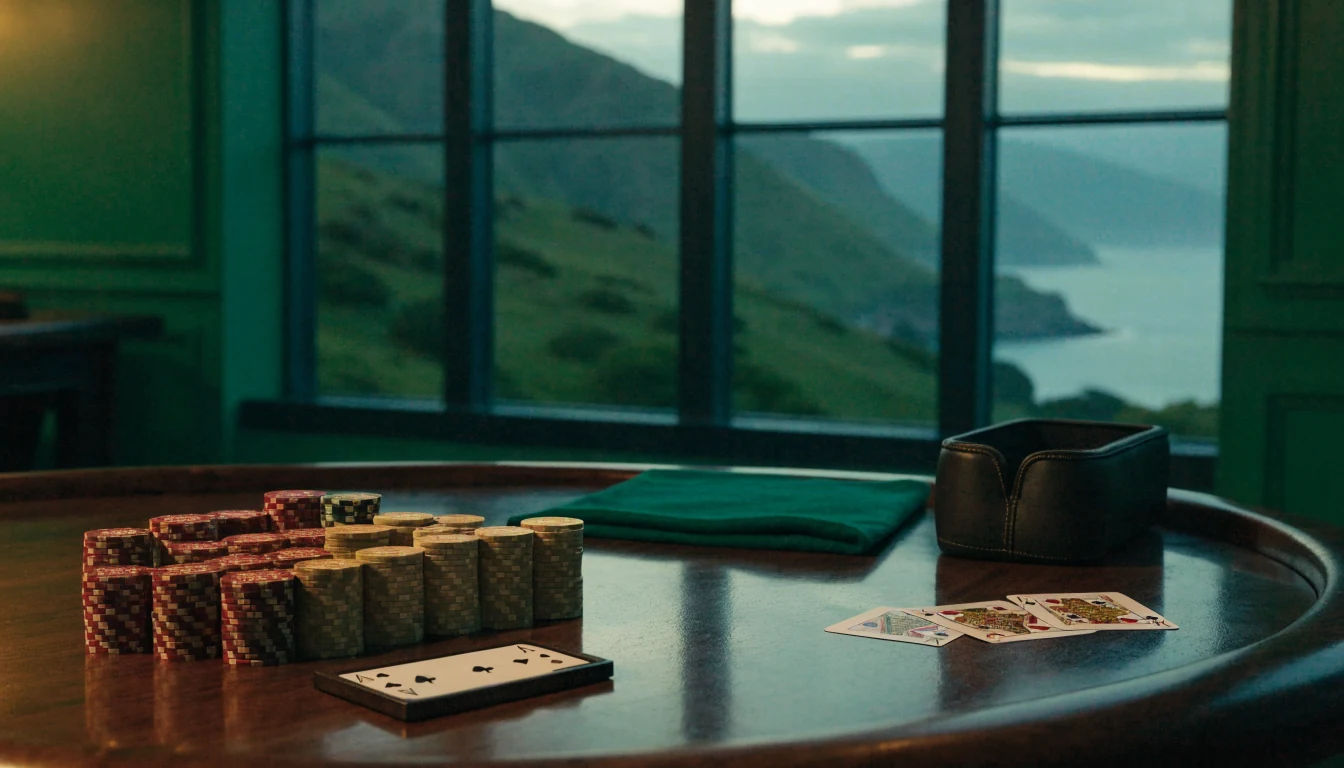 Elegant live baccarat table with chips beside a window overlooking New Zealand coastline