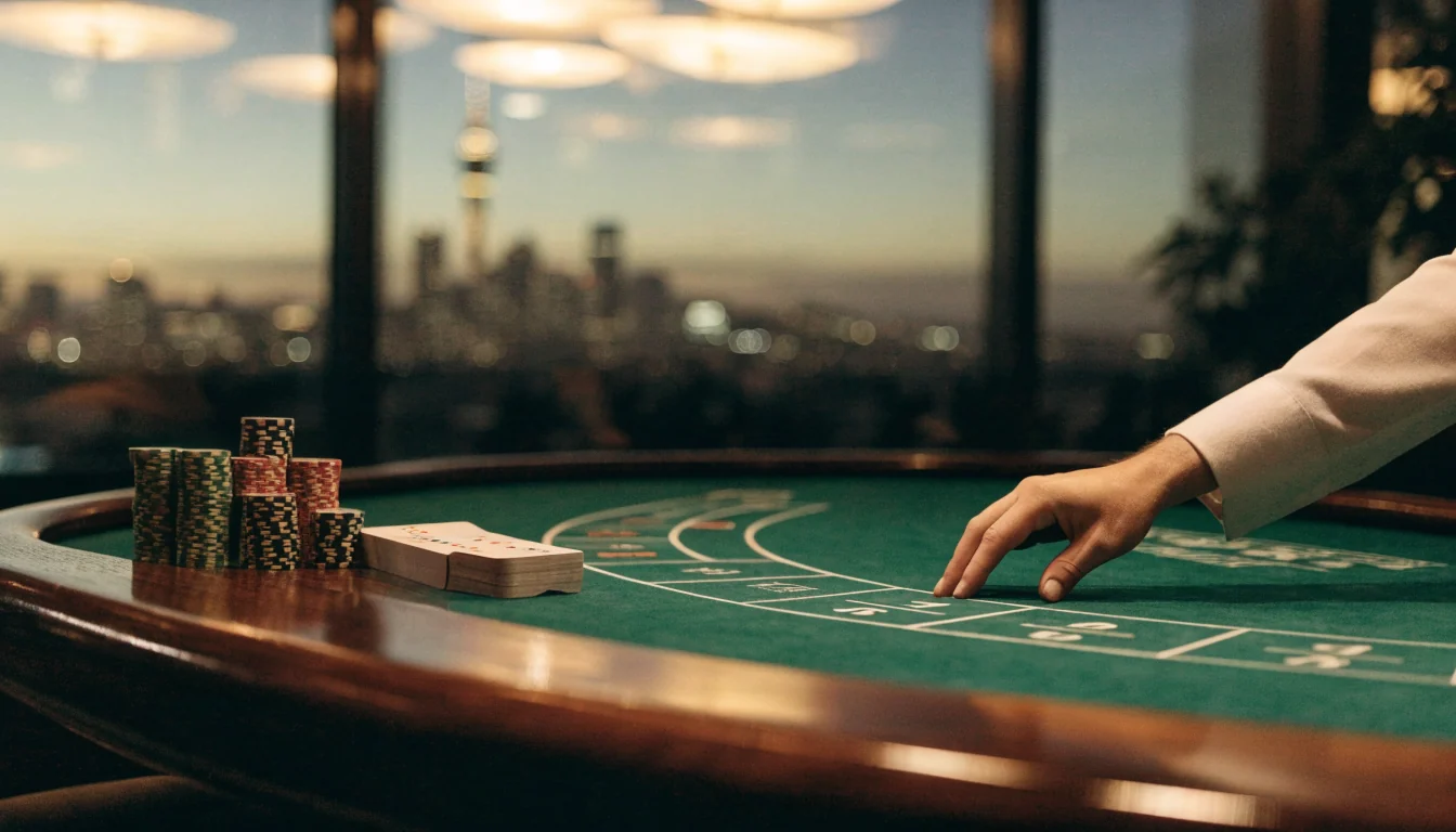 Live blackjack table with chips and cards in a New Zealand casino at night