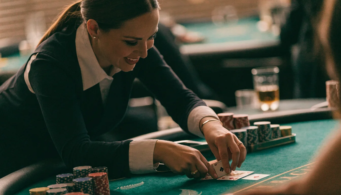 Live dealer blackjack table with cards and chips in a casino studio