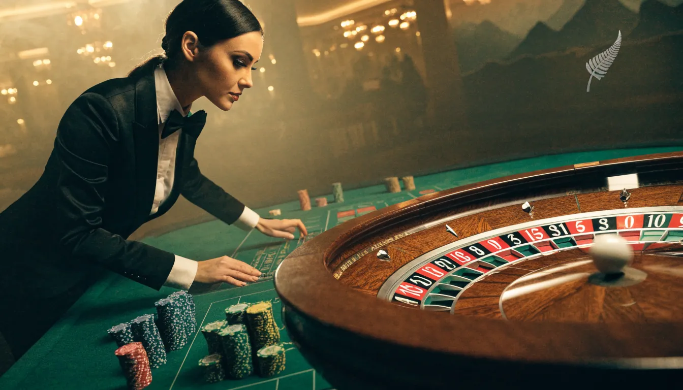 Live dealer roulette wheel with croupier and chips in an elegant studio