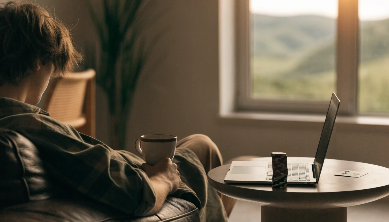 Casino chips and coffee beside a laptop in a cozy New Zealand living room
