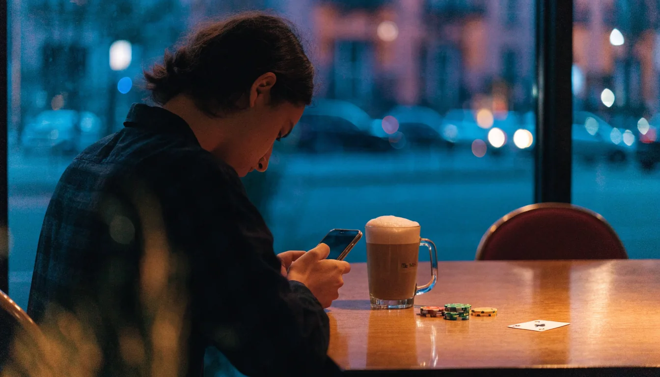 Person holding a smartphone at a New Zealand café table with casino chips nearby.