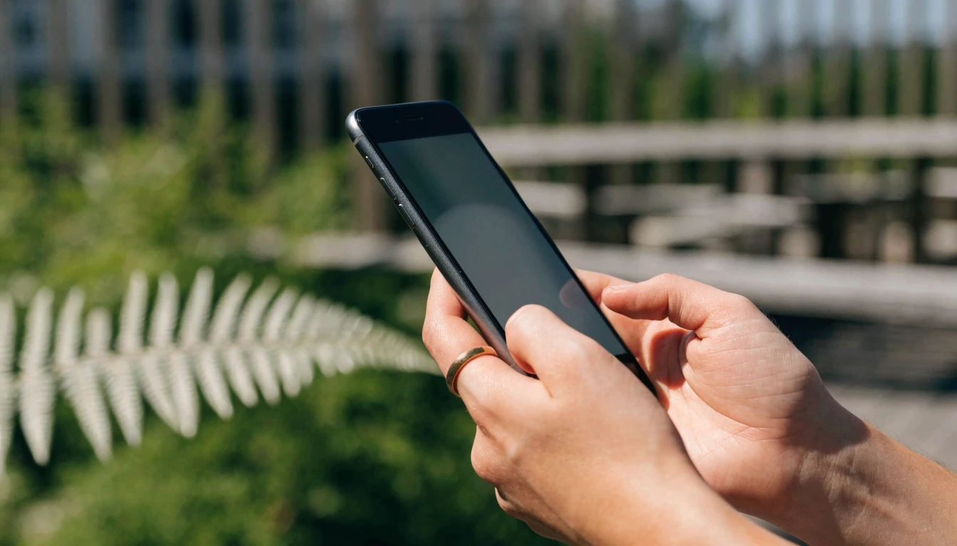 Hands holding a smartphone outdoors in New Zealand with native plants