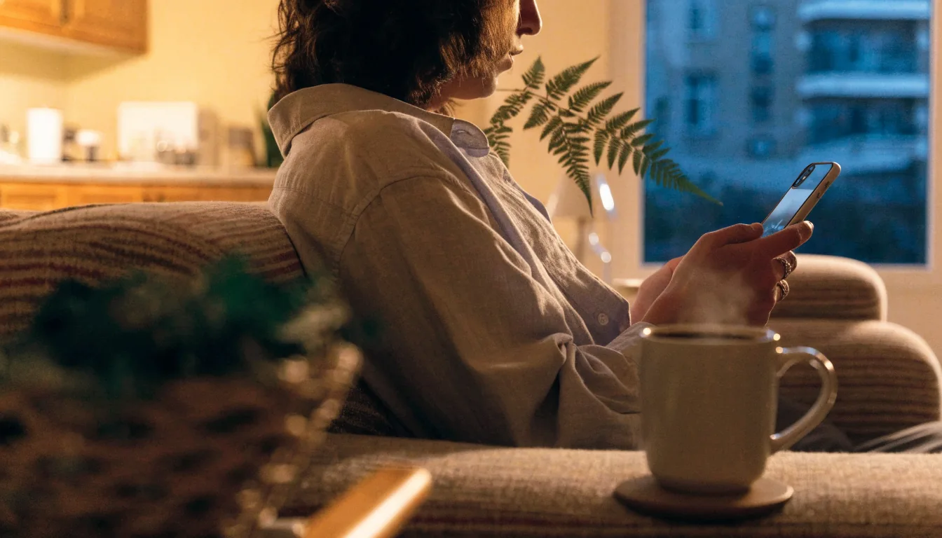 Person relaxing at home in New Zealand using a smartphone for online slots