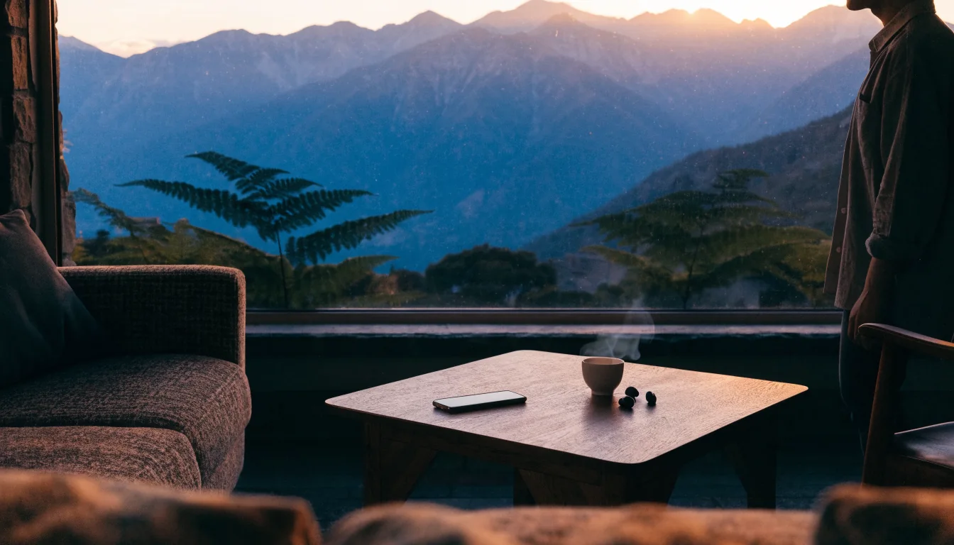 Smartphone on a New Zealand coffee table with mountain view at dusk