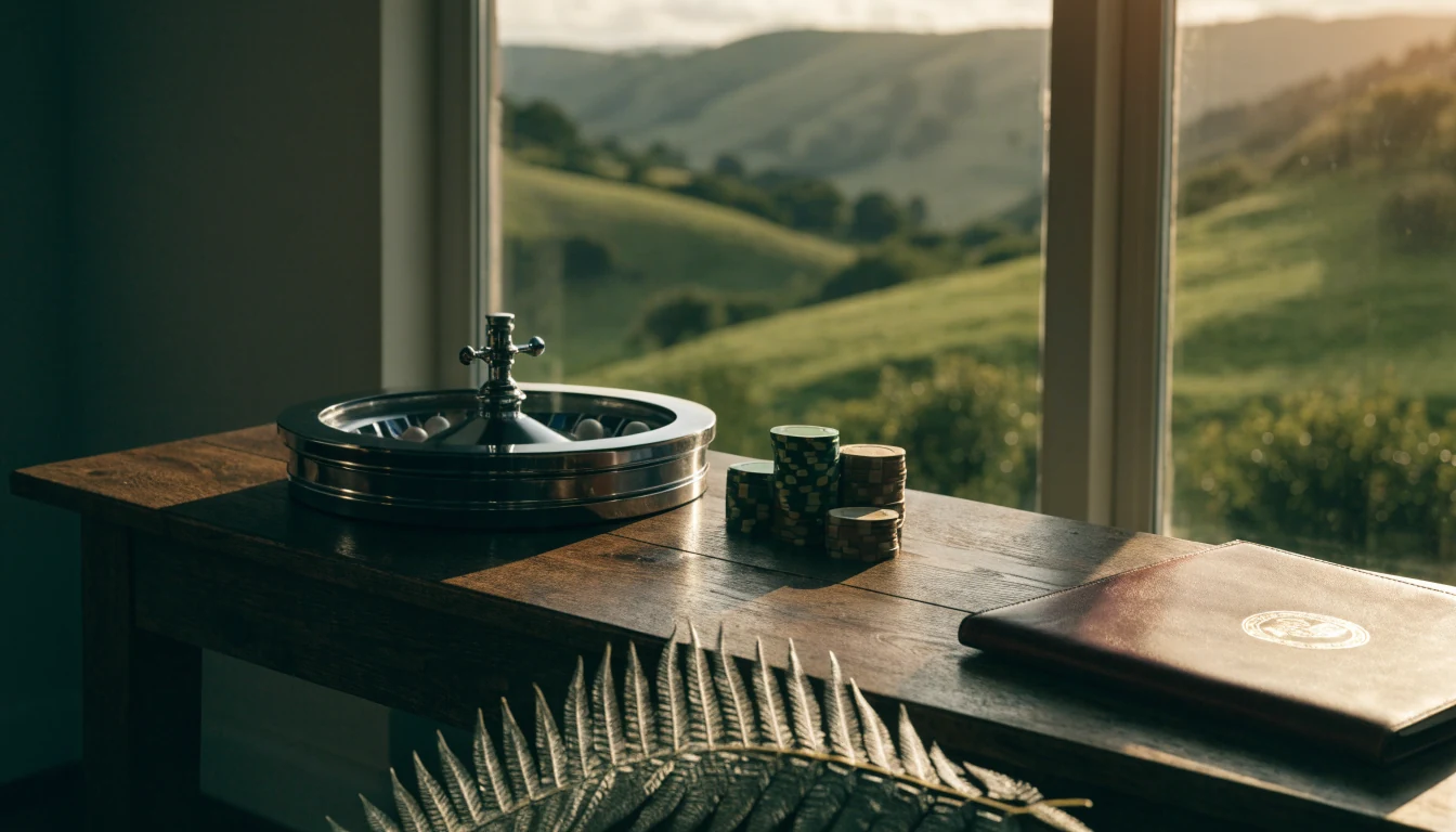 Casino chips, a roulette wheel, and an official folder on a desk overlooking New Zealand hills.