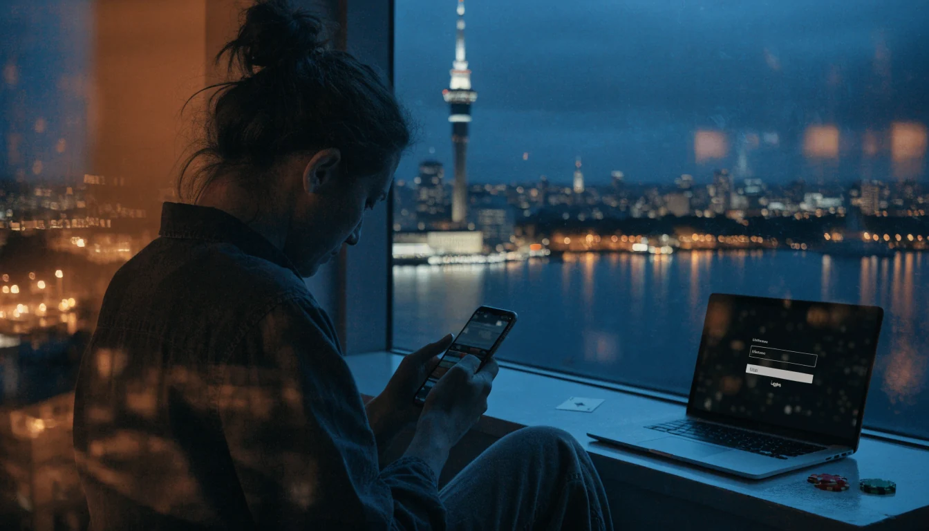 Person using smartphone near Auckland harbor at night with casino chips and a card on the table