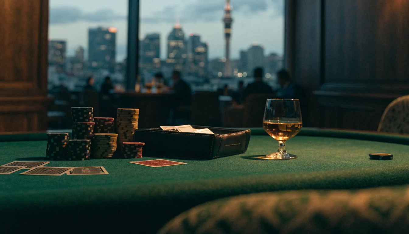 Elegant baccarat table with chips and cards in a New Zealand casino lounge