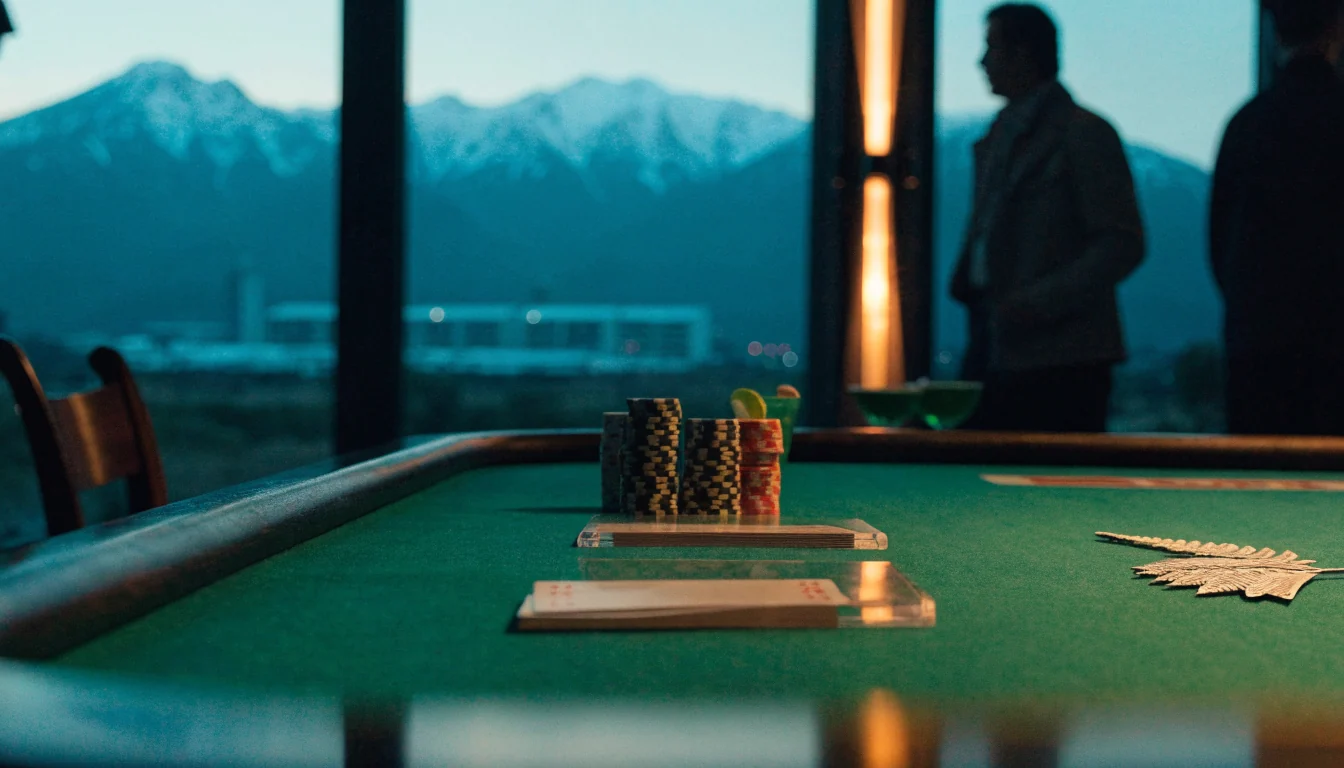 Modern blackjack table with chips, cards, and New Zealand silver fern decor at dusk